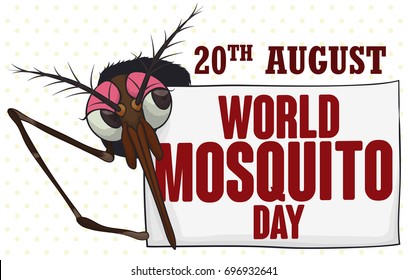 Banner with female mosquito behind a greeting sign with reminder date for World Mosquito Day in August 20.