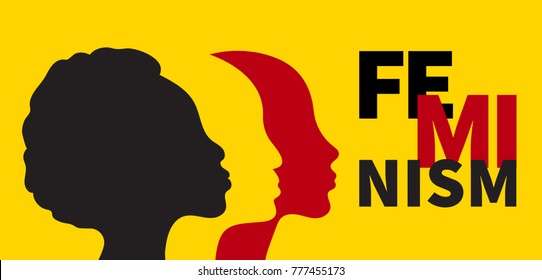 Banner of feminism. Profile of three women of different races on yellow background. Female international movement. Vector illustration