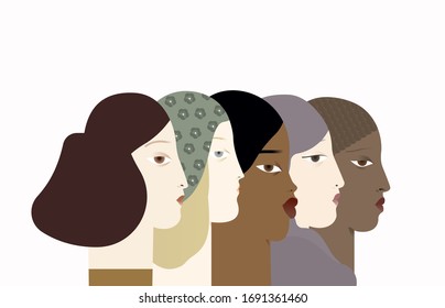 Banner of feminism. Profile womens of different races. Female international movement. Flat design style vector graphic illustration.