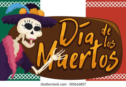 Banner with festive and elegant catrina skeleton saluting at you, dressing a elegant hat and feather scarf in Mexican "Dia de Muertos" (translate from Spanish: "Day of the Dead") celebration.