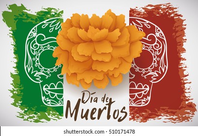 Banner with festive Mexican flag in brushstrokes for "Dia de Muertos" (Spanish for "Day of the Dead") celebration decorated with a marigold flower and a skull print.