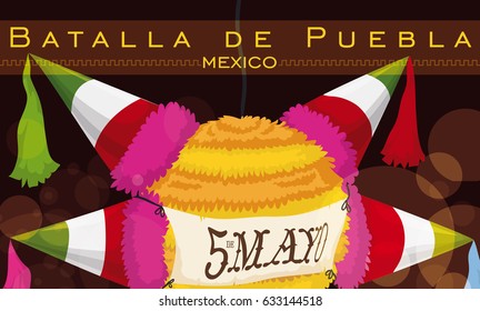 Banner with festive pinata with the colors of Mexican flag ready to celebrate Mexican Cinco de Mayo (written in Spanish), commemorating Battle of Puebla in a party night.