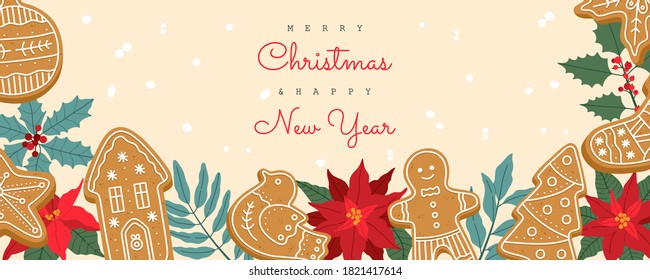 Banner with festive plants and gingerbread cookies, greeting cards. Invite to Xmas holiday party. Hand drawn vector illustration in trendy flat cartoon style, isolated on yellow background.