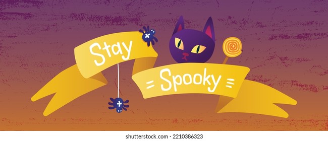 Banner. Festive ribbons and theme of Halloween. The lettering on the ribbons and Halloween elements -  sweets, cat, spiders. Suitable for web and print, holiday mailing.