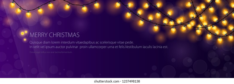Banner with festive yellow glowing garlands, Merry Christmas, Christmas decorations, Vector Illustration