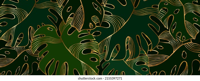 Banner filled with contoured hand-drawn golden monstera leaves. Luxurious floral green and gold background. Vector illustration