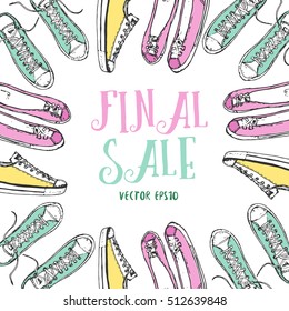 Banner with FINAL SALE sign on green round template decorated with hand drawn sport shoes, sneakers. Vector stock illustration for shoe shop. SHOP shoes online. 