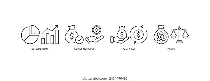 Banner of financial statement web icon vector illustration concept with icon of graph, balance sheet, pie chart, income statements, money, calculator