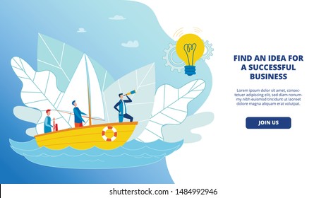 Banner Find an Idea for a Successful Business. Attract and Retain Customers. Man Stands at Helm Boat, Heading Forward Through Waves. Man Looks into Telescope. Vector Illustration Landing Page.