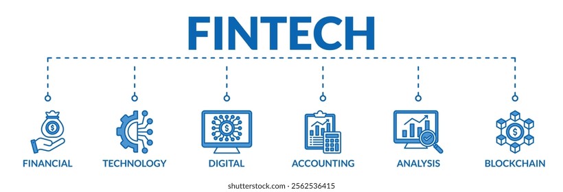 Banner of fintech web vector illustration concept with icons of financial, technology, digital, accounting, analysis, blockchain