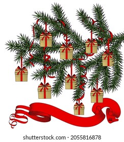 A banner with a fir branch and Christmas gifts with red ribbons. Christmas decoration. Vintage engraving stylized drawing. Vector illustration 