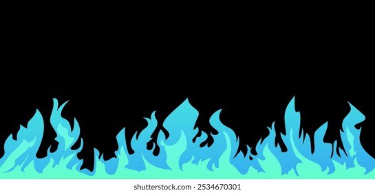 Anuncio con efecto fuego. Ilustración vectorial de llamas azules interminables en el borde inferior sobre un fondo negro aislado. Elemento de fantasía en forma de un rastro de fuego mágico. Estilo plano. Diseño del juego.