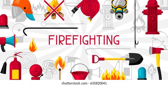 Banner with firefighting items. Fire protection equipment.