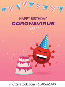 Banner For The First Birthday Of The Coronavirus. Poster For An Article Or News That Covid-19 Appeared In China A Year Ago. Red Virus Bacteria In A Hat With Party Decorations And Cake. Quarantine Year