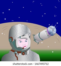 Banner, the first cosmonaut and the Vostok-1 rocket, against a cosmic background, vector