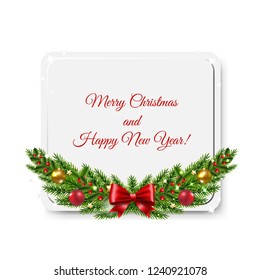 Banner With Firtrees And Balls And Bow Isolated White Background With Gradient Mesh, Vector Illustration