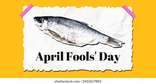 Banner with fish for April Fool's Day in retro collage style. Fish with a half moon effect on paper in the form of a sticker. Joke for greeting cards, banners, flyers.