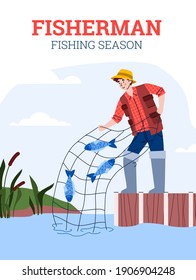 Banner for fishing season with fisherman cartoon character, flat vector illustration. Advertisement of fishing leisure activity in cartoon hand draw style.