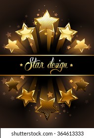 Banner with five luxury, gold stars on black background.