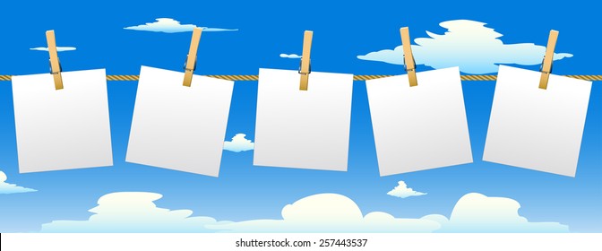 Banner with five paper notes hanging on rope.Vector illustration.