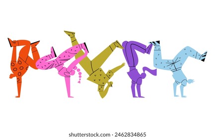 Banner - five people breakdancing. Vector stylish illustration silhouettes of dancers.