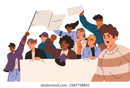 Banner or flag template used by protesters. Vector illustration or clipart with placeholder items. People stand at crowd waving revolution blank or empty message. Civil rights, equality demonstration.