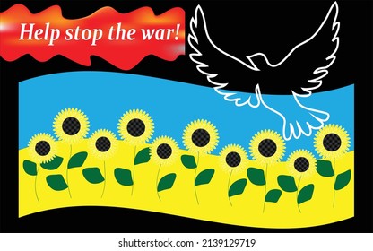 Banner mit der Flagge der Ukraine auf schwarzem Hintergrund und Text: Hilf, den Krieg zu beenden! Poster, der den Frieden fordert.
