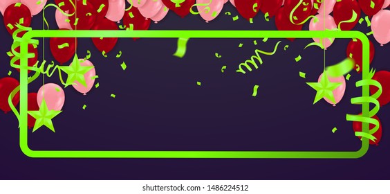 Banner with flags balloons and Happy Birthday card party place for text. Can be used for cards, gifts, invitations sales, web design