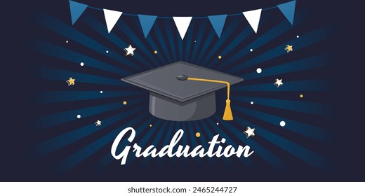 Banner with flags and student cap. For a ceremony congratulating graduates of high school, university or college.