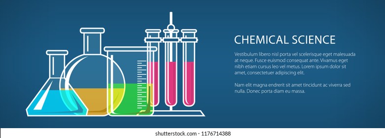 Banner, Flasks Beakers and Test-tube with Text, Chemical Laboratory Equipment on Blue Background, School Chemistry, Vector Illustration