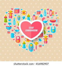 Banner with flat baby goods stickers and heart frame. Vector concept illustration. Newborn toys, mother's love.