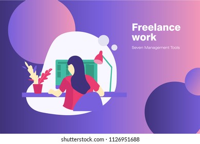 Banner flat design concept with girl working on computer desk. Illustration for business, study infographics, online training, freelance. 