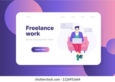Banner flat design concept with man working on computer desk. Illustration for business, study infographics, online training, freelance. 
