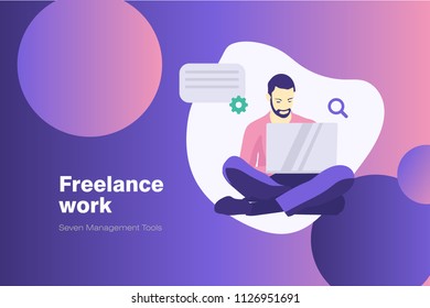 Banner flat design concept with man working on computer desk. Illustration for business, study infographics, online training, freelance. 
