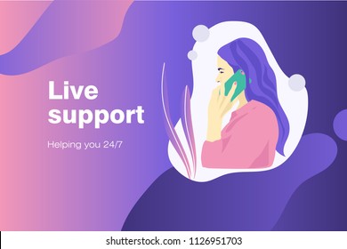 Banner flat design concept with woman speaking on phone. Illustration for business, study infographics, online training, freelance, help center and live support. 