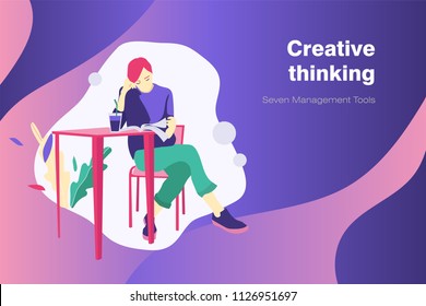 Banner flat design concept with young woman reading and drinking coffee in cafe. Illustration for business, study infographics, online training, freelance, help center and live support. 