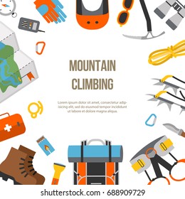Banner flat design of modern of climbing and equipment for hiking isolated. Outfit for mountaineering and items for traveling and recreation. For web sites, applications and printing, vector