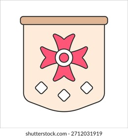 Anuncio Estilo de diseño plano, banderín colgante con emblema, que representa el Anuncio heráldico o premio, útil para diseños medievales, de eventos o ceremoniales.