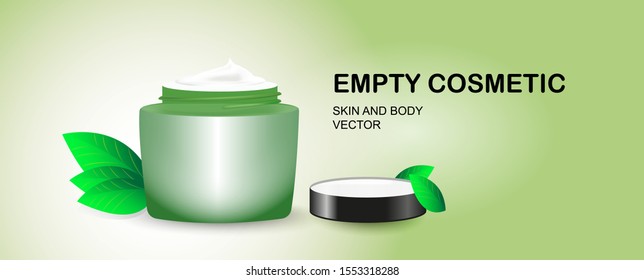 Banner flat lay top view of cosmetic products on green background - Empty cosmetic