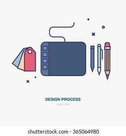 Banner in flat line design for art process. Set of thin flat line icon in style. Designer tools tablet. Icons for mobile app UI UX design process