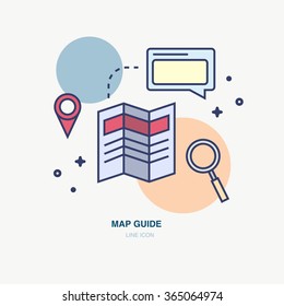 Banner in flat line design for travel. Set of thin flat line icon in style. Sharing business documents, software, online business. Icons for mobile app UI UX for the search engines and navigation maps