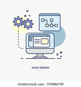 Banner in flat line design for web programming development. Set of thin flat line icon in style. Sharing business documents, software, online business communication. Icons for mobile app UI UX