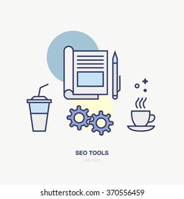 Banner in flat line design for writers, copywriters, SEO. Set of thin flat line icon in style. Sharing business documents, software, online business. 