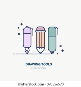 Banner in flat line design for writers, copywriters. Set of thin flat line icon in style. Sharing business documents, software, online business. 
