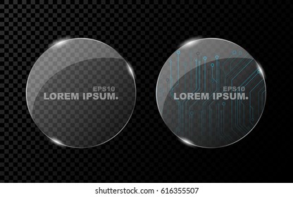 A banner from a flat realistic circle and from a shining, bright 3d glass on a dark transparent background. New technology, cyber texture, beautiful, blue pattern. Shine from glass
