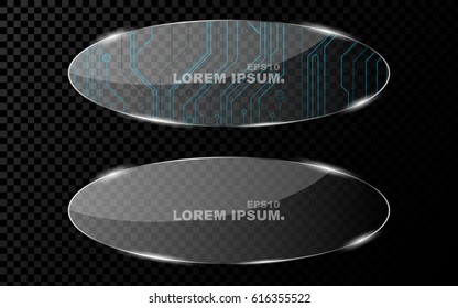 A banner from a flat realistic flattened circle, an oval and from a shining, bright 3d glass on a dark transparent background. New technology, cyber texture, beautiful, blue pattern. Shine from glass