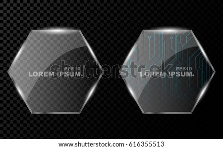 A banner from a flat realistic polygon, a hexagon and from a shining, bright 3d glass on a dark transparent background. New technology, cyber texture, beautiful, blue pattern. Shine from glass