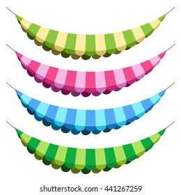 Banner flat, striped, colored. Stylized tent with shadows. Colors: green, light green, yellow, purple, light purple, blue, azure.