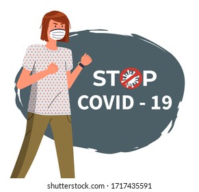 Banner in flat style with cartoon character. Young woman wearing face medical mask ready to fight with world epidemic. Crossed out stop sign. Spreading covid-19. Female protesting against coronavirus