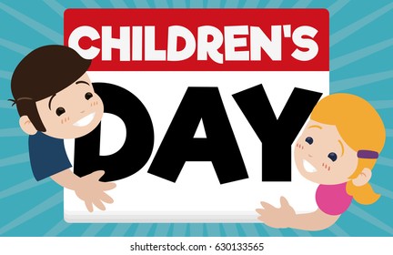 Banner in flat style with cute pair of kids hugging a loose-leaf calendar to celebrate Children's Day.